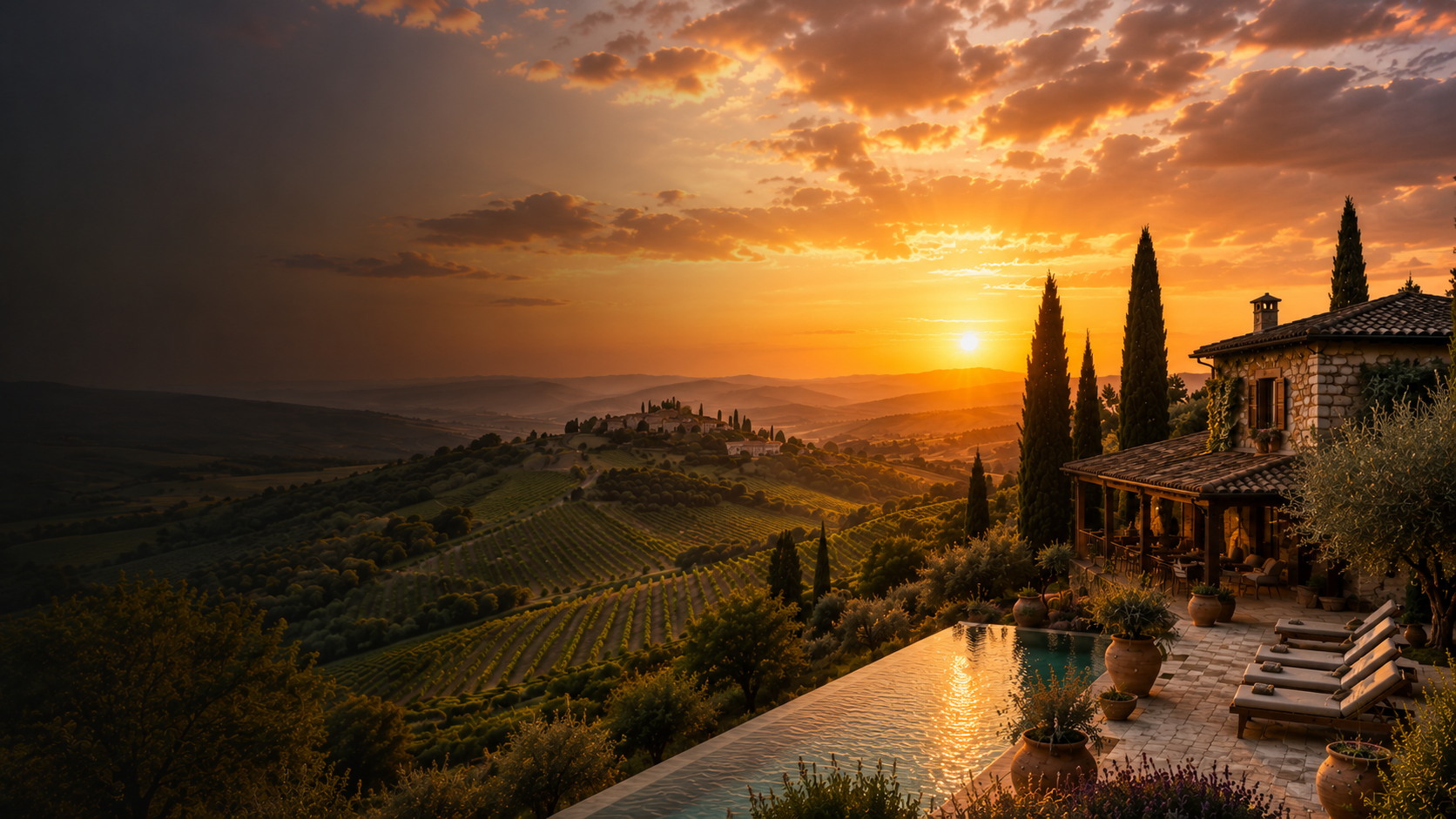 Paesaggio toscano con vigneti, colline e struttura di charme